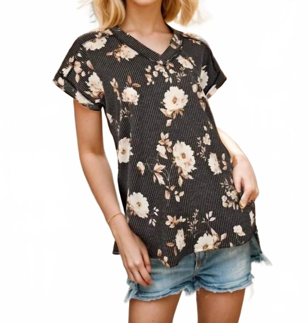 NEW HEIMISH USA women's dolman short sleeve v neck top in black floral